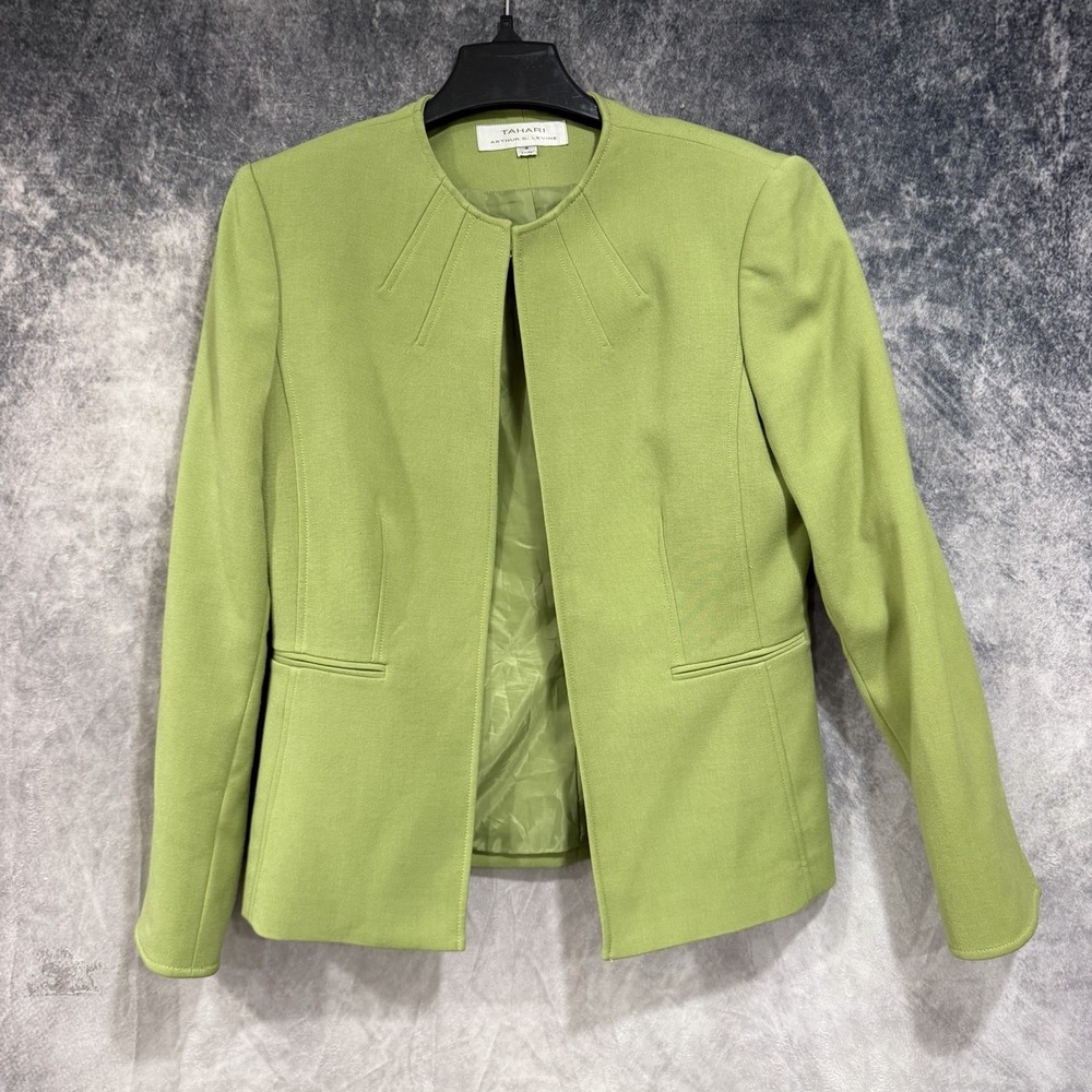 Tahari Arthur S Levine Womens Size 8 Green Blazer Jacket Open Front Career